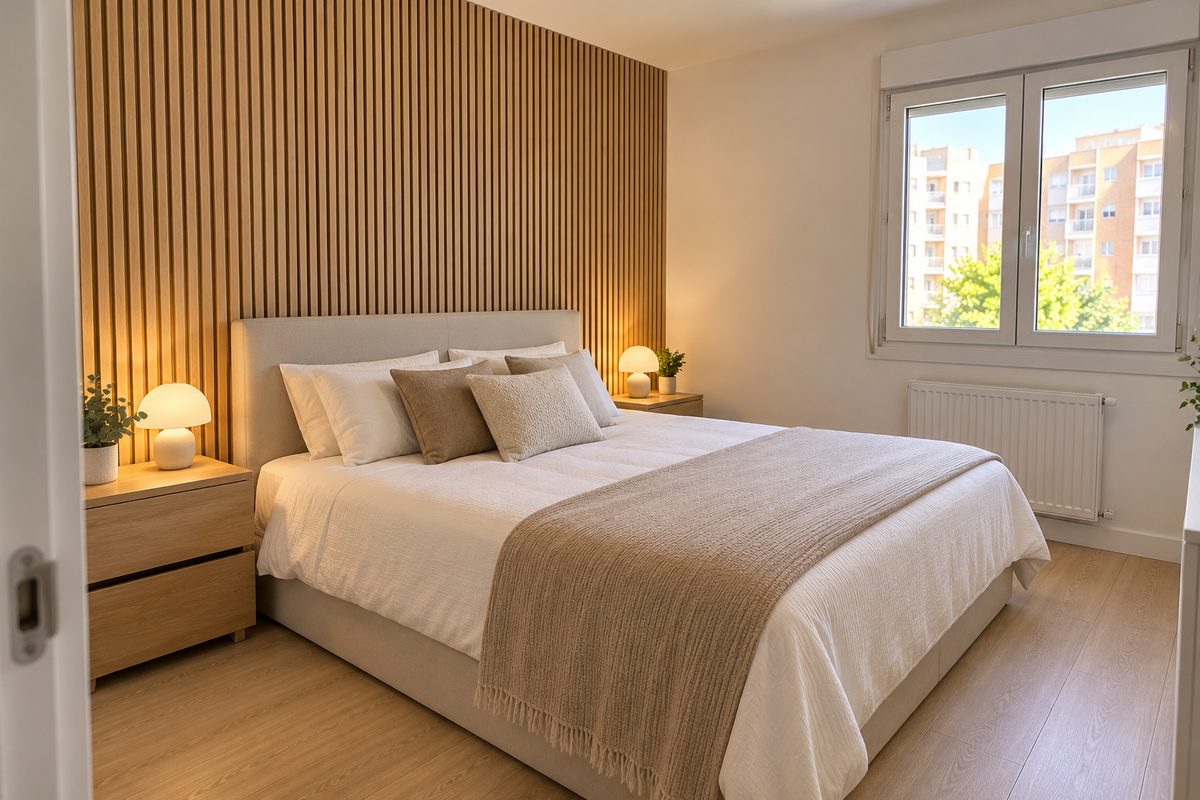 Dormitorio con cabecero de palillería de madera natural