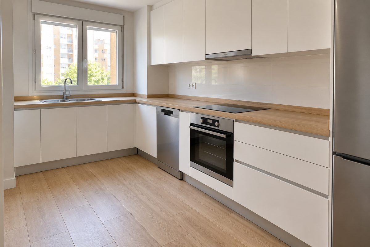 Cocina blanca con encimera de madera, horno y lavavajillas integrados