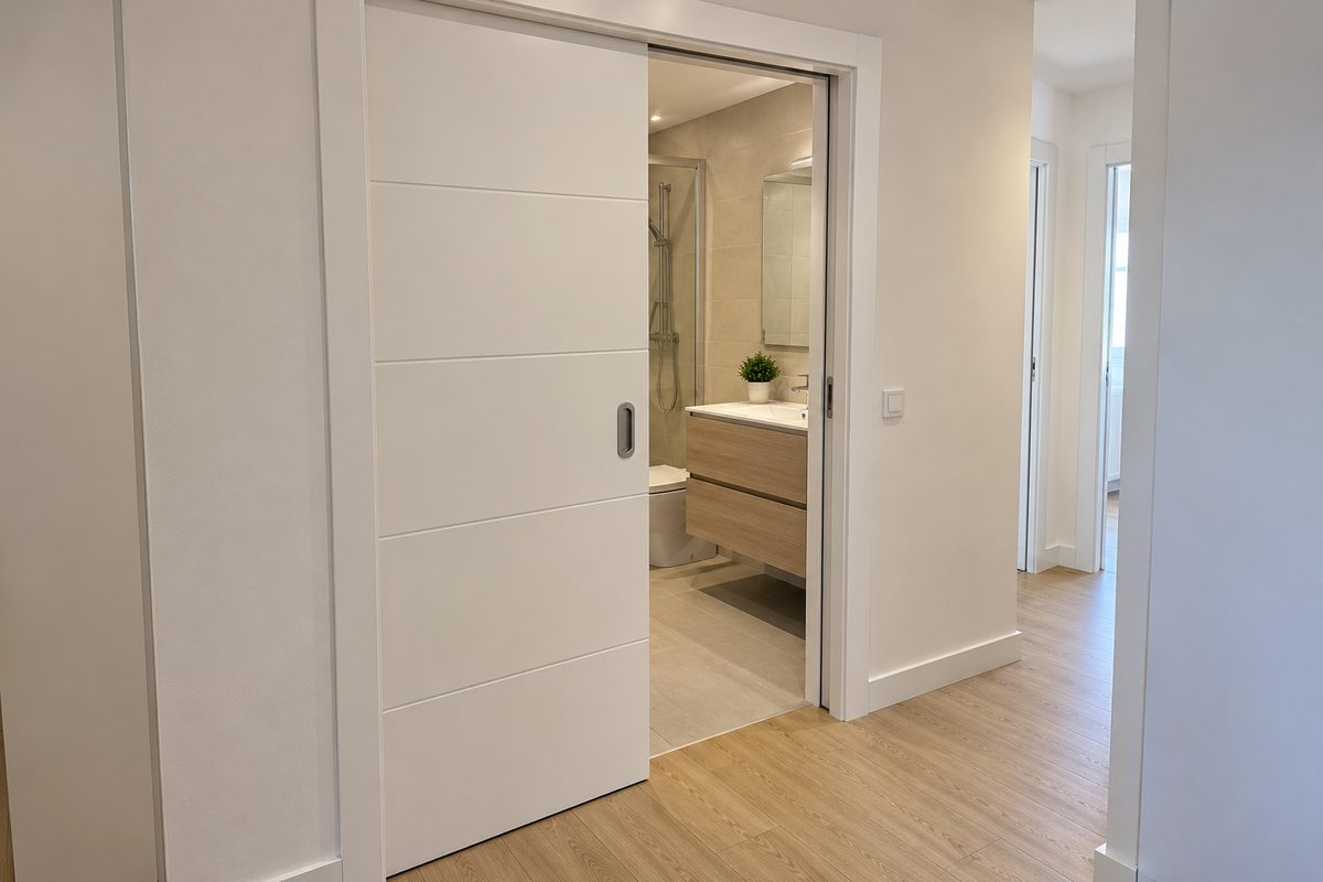 Puerta corredera empotrada blanca en la entrada de un baño