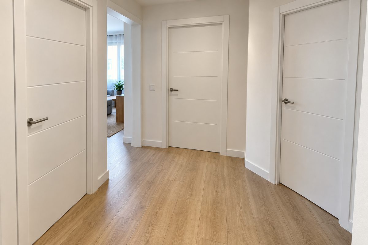 Pasillo con puertas de paso lacadas en blanco y suelo de madera