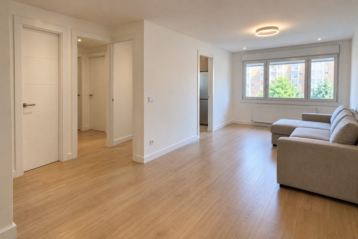 Salón reformado con suelo laminado, puertas blancas y luz natural