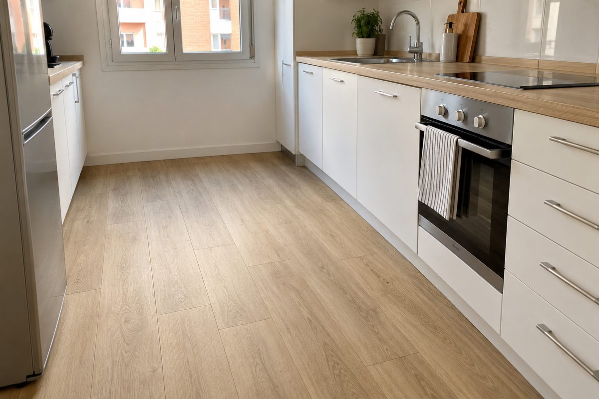 Cocina con suelo vinílico click en tono roble claro