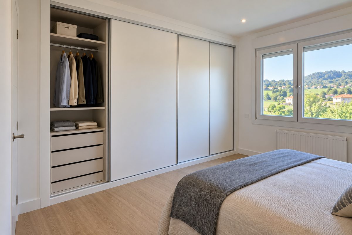 Dormitorio con armario empotrado de puertas correderas blancas y vistas al campo