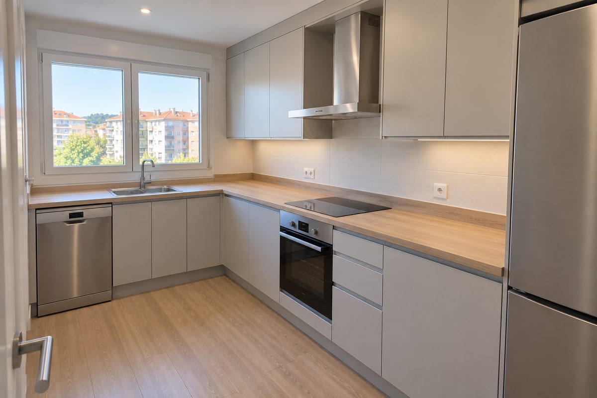 Cocina gris claro con encimera de madera, campana extractora y horno integrado