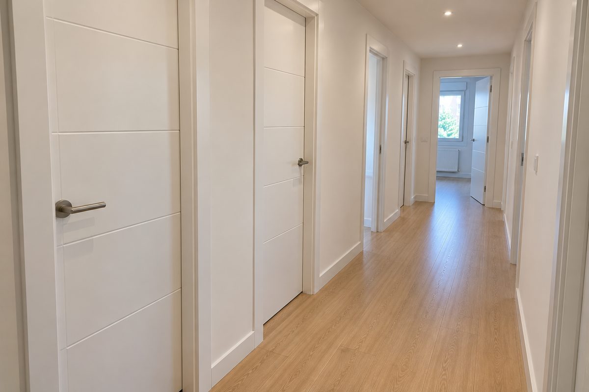 Pasillo largo con puertas de paso lacadas en blanco y suelo de madera