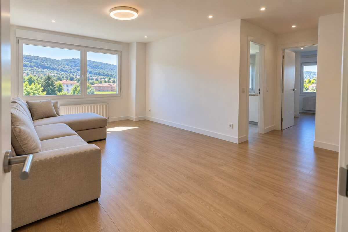 Salón reformado con suelo laminado, paredes blancas y vistas a los montes