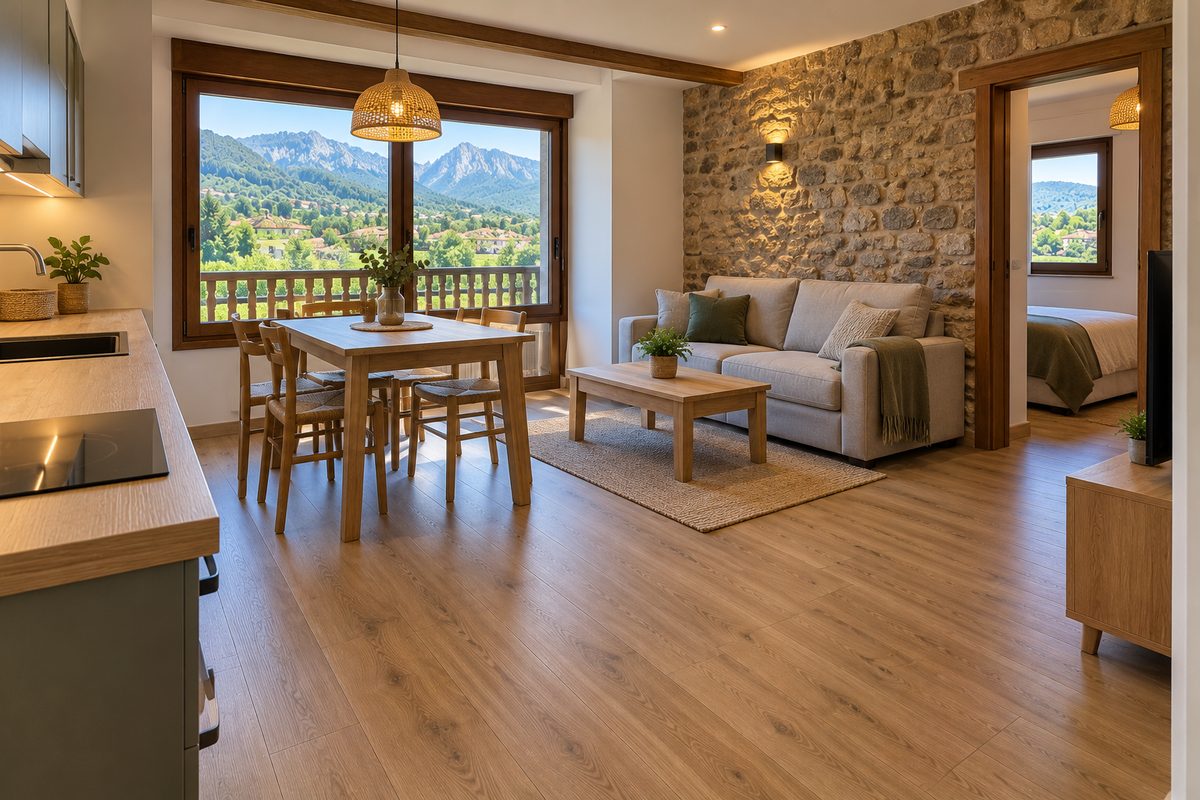 Apartamento rural con suelo vinílico, pared de piedra y vistas a los Picos de Europa